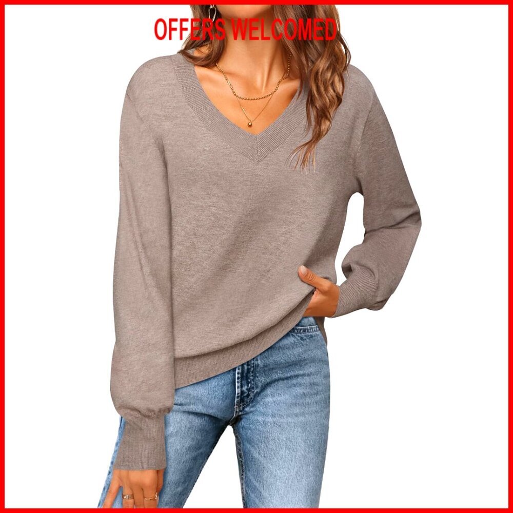 Lightweight Knit Pullover Sweater with V-Neck and Long Lantern Sleeves